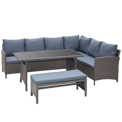 Image 1 de 9.. Ensemble de meubles de patio de 4 pièces Outsunny, ensemble de meubles d'extérieur en rotin avec long canapé en L, table à manger et banc pour jardin