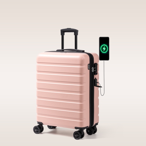 Image 1 of 9.. Suitcase CoolHut PC ABS Hardside Expandable Luggage with 4 Universal Wheels TSA Lock Carry On 20 Inch USB Pink