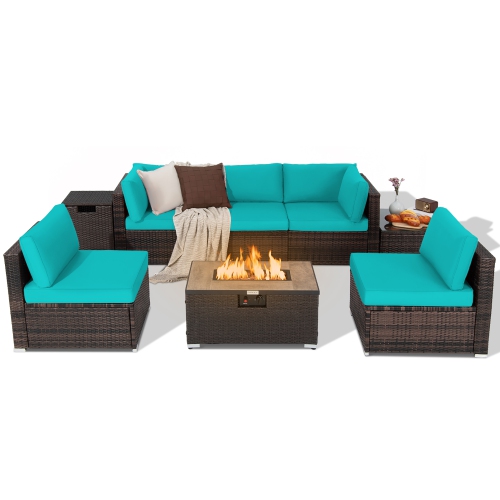 Image 1 of 10.. Costway 8PCS Patio Rattan Furniture Set Fire Pit Table Tank Holder Cover Deck