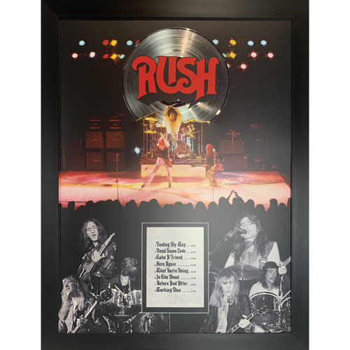 Image 1 of 1.. Frameworth The Rush: Firs Album Collage Gold LP Framed Canvas